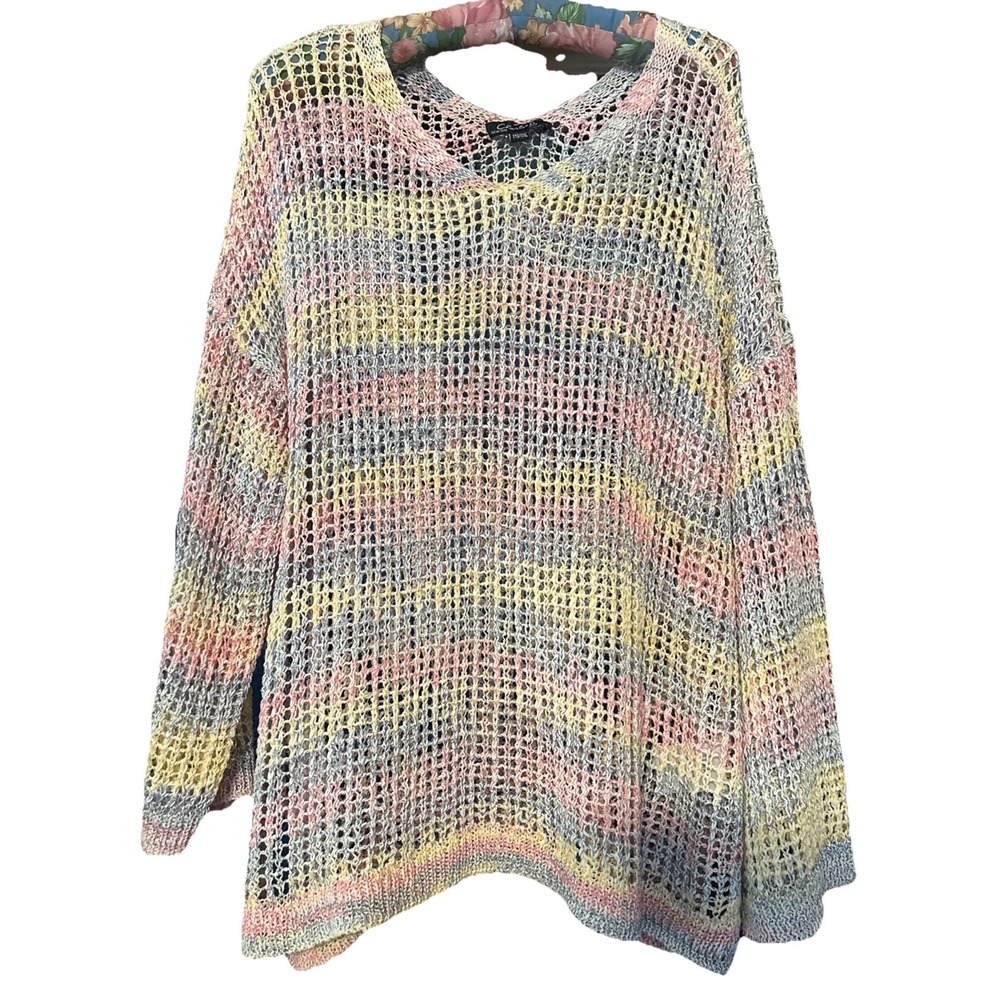 Charlie B Fishnet Crochet Sweater Top Size XXL 3/4 Sleeve Multi Color